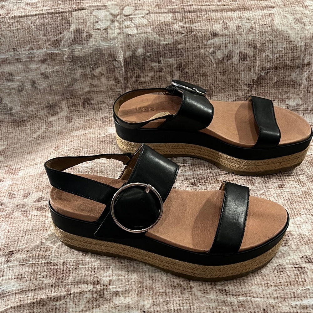 UGG Black Leather Espadrille Platform Sandals with Buckle - Picture 5 of 12